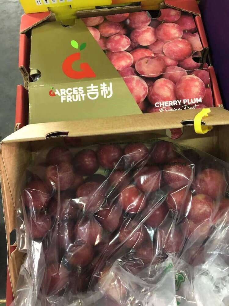 Chile Cherry plums on display Jiaxing Market, 27 February
